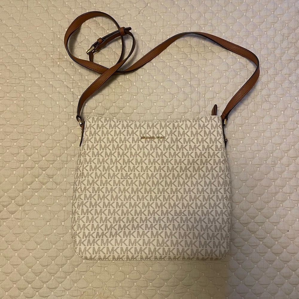Michael Kors Monogram Cream and Brown Crossbody Bag
